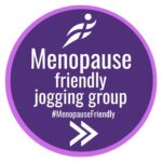 A purple circle with the jogscotland runner logo, the words Menopause friendly jogging group #MenopauseFriendly and a 'fast forward' logo